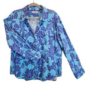 Jamaica Jaxx Linen Blend Tropical Shirt Womens XL Blue Purple Floral Lightweight